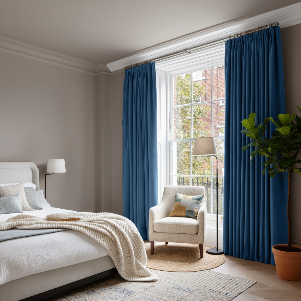Steel Blue Velvet Pencil Pleat Blackout Curtains in a Bedroom with Grey Walls