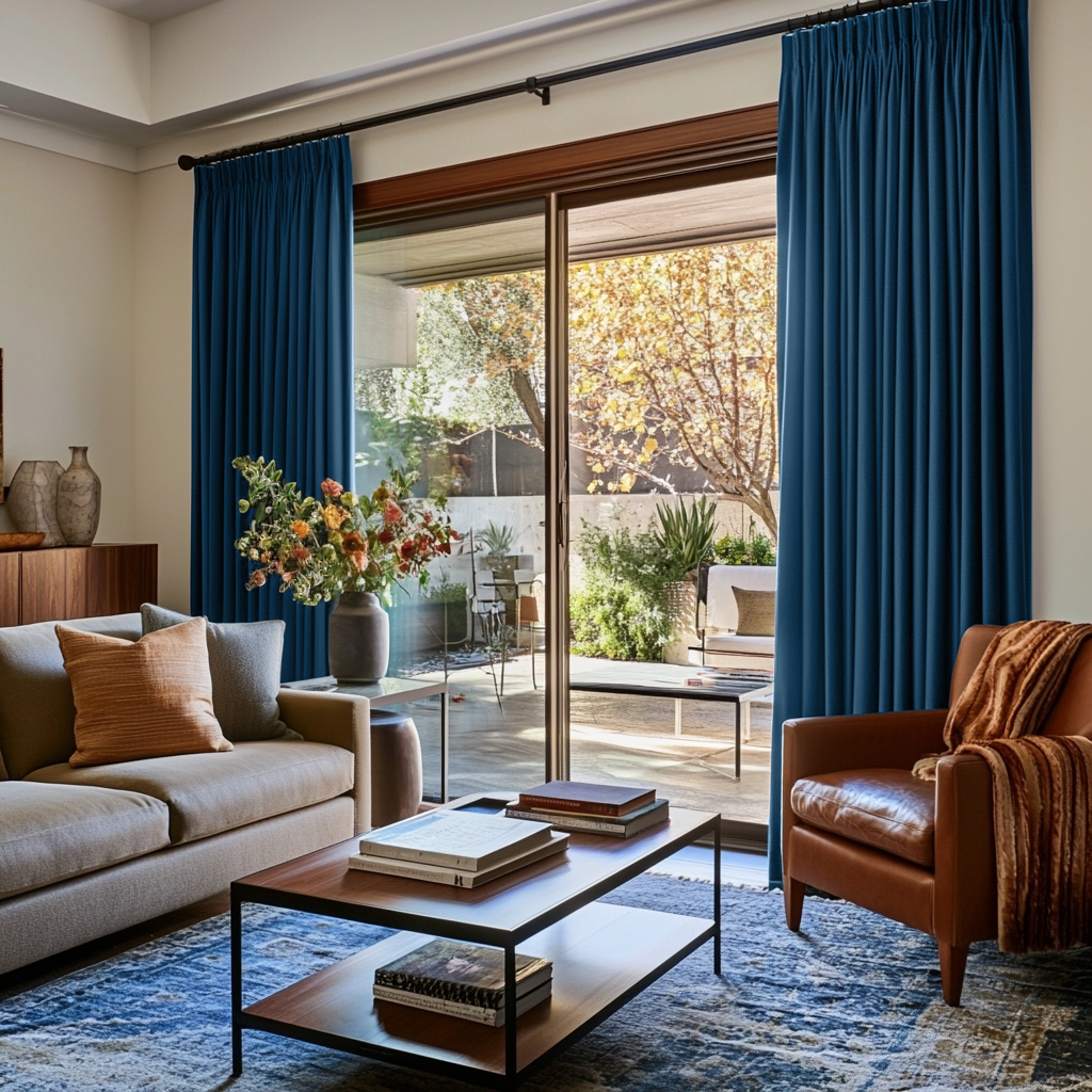 Steel Blue Velvet Pencil Pleat Curtains for Sliding Door in a Modern Living Room with Wood-Framed Sliding Doors, Leather Armchair, and Blue Patterned Rug
@Heading: Pencil Pleat