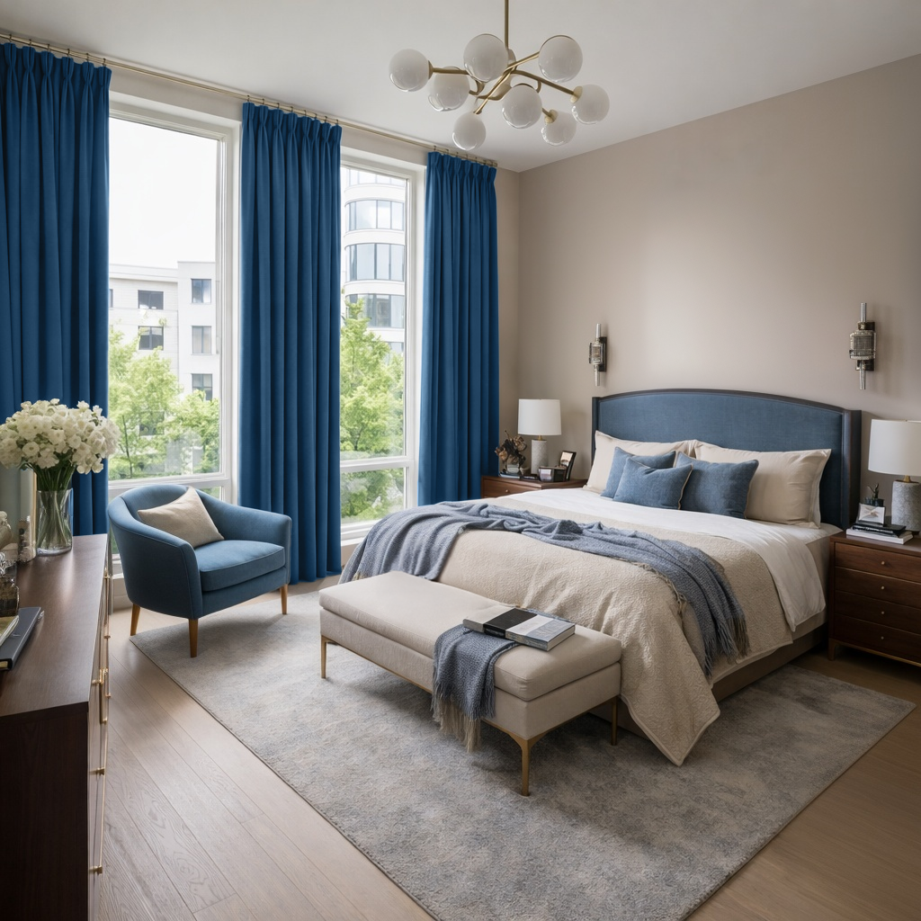 Steel Blue Velvet Pinch Pleat Blackout Curtains in a Bedroom with Greige Walls