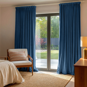 Steel Blue Velvet Pinch Pleat Curtains for Sliding Door in a Cozy Bedroom with Neutral Walls, Warm Wood Furniture, and Soft Beige Rug
@Heading: Pinch Pleat