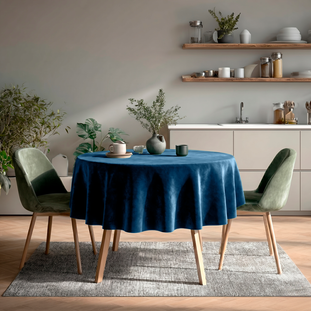 Steel Blue Velvet Round Tablecloth in a Minimal Kitchen Dining Area with Soft Greige Walls and Sage Green Chairs