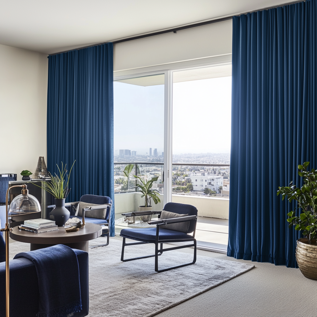 Steel Blue Velvet S-Fold Curtains for Sliding Door in a Contemporary Living Room with City Views, Black Accent Chairs, and Indoor Greenery
@Heading: S-Fold