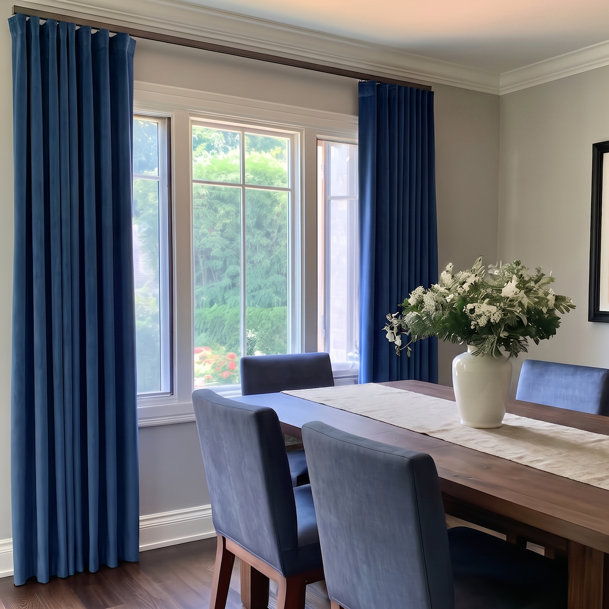 Steel Blue Velvet Curtains in a Dining Room with Neutral Walls and a Large Brown Table, Blue Upholstered Chairs