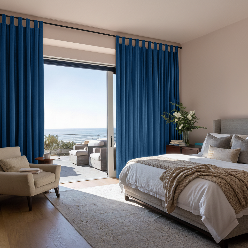 Steel Blue Velvet Tab Top Blackout Curtains in a Bedroom with Blush Pink Walls