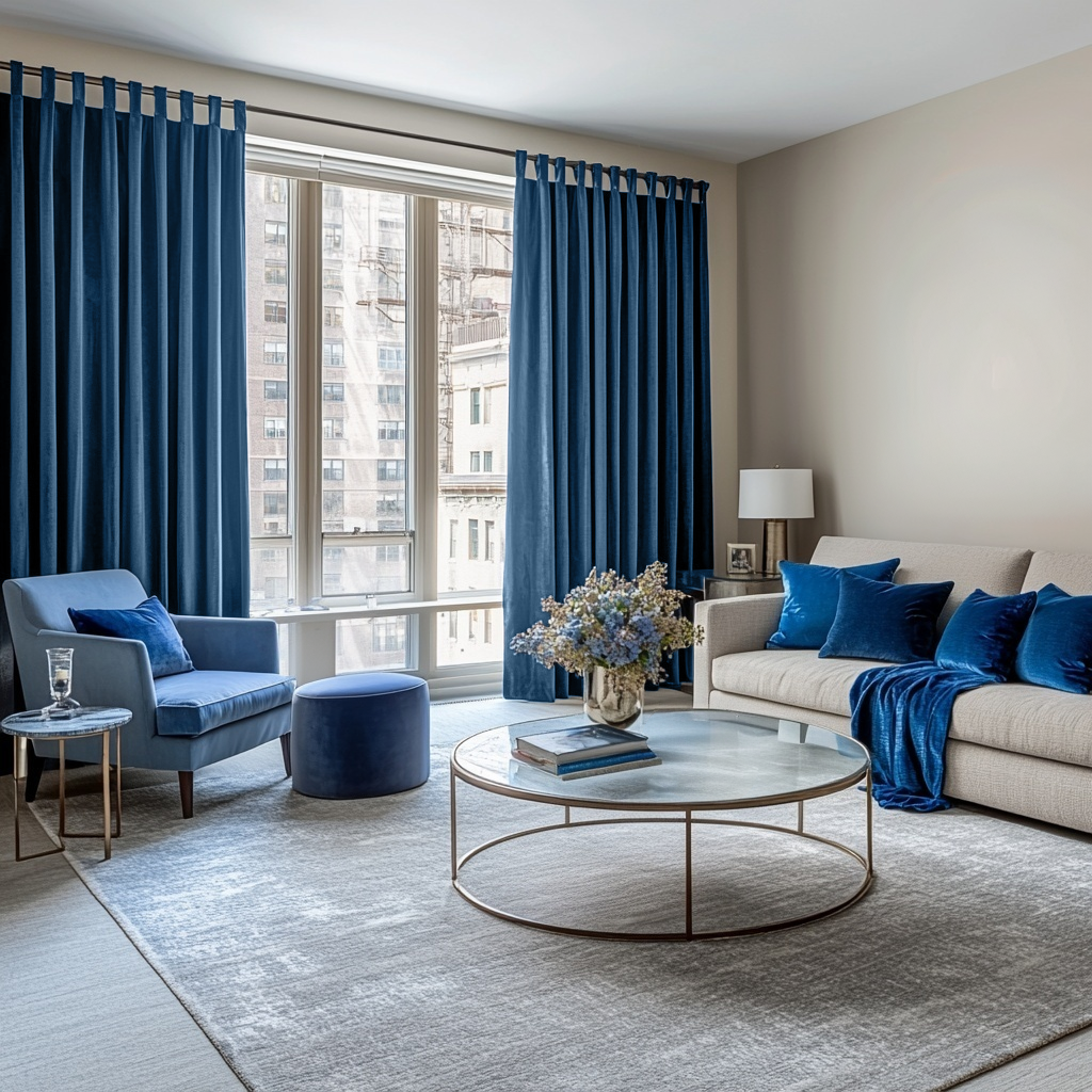 Steel Blue Velvet Tab Top Blackout Curtains in a Living Room with Greige Walls