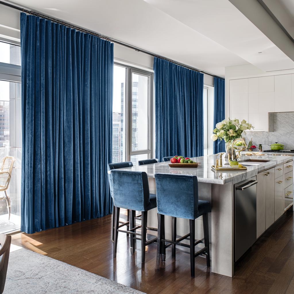 Steel Blue Velvet Thermal Curtains with Multitape