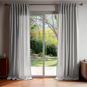 Stone Grey Linen Back Tab Curtains for Sliding Doors in a Living Room with White Walls
@Heading: Back Tabs