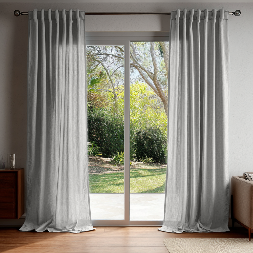Stone Grey Linen Back Tab Curtains for Sliding Doors in a Living Room with White Walls
@Heading: Back Tabs