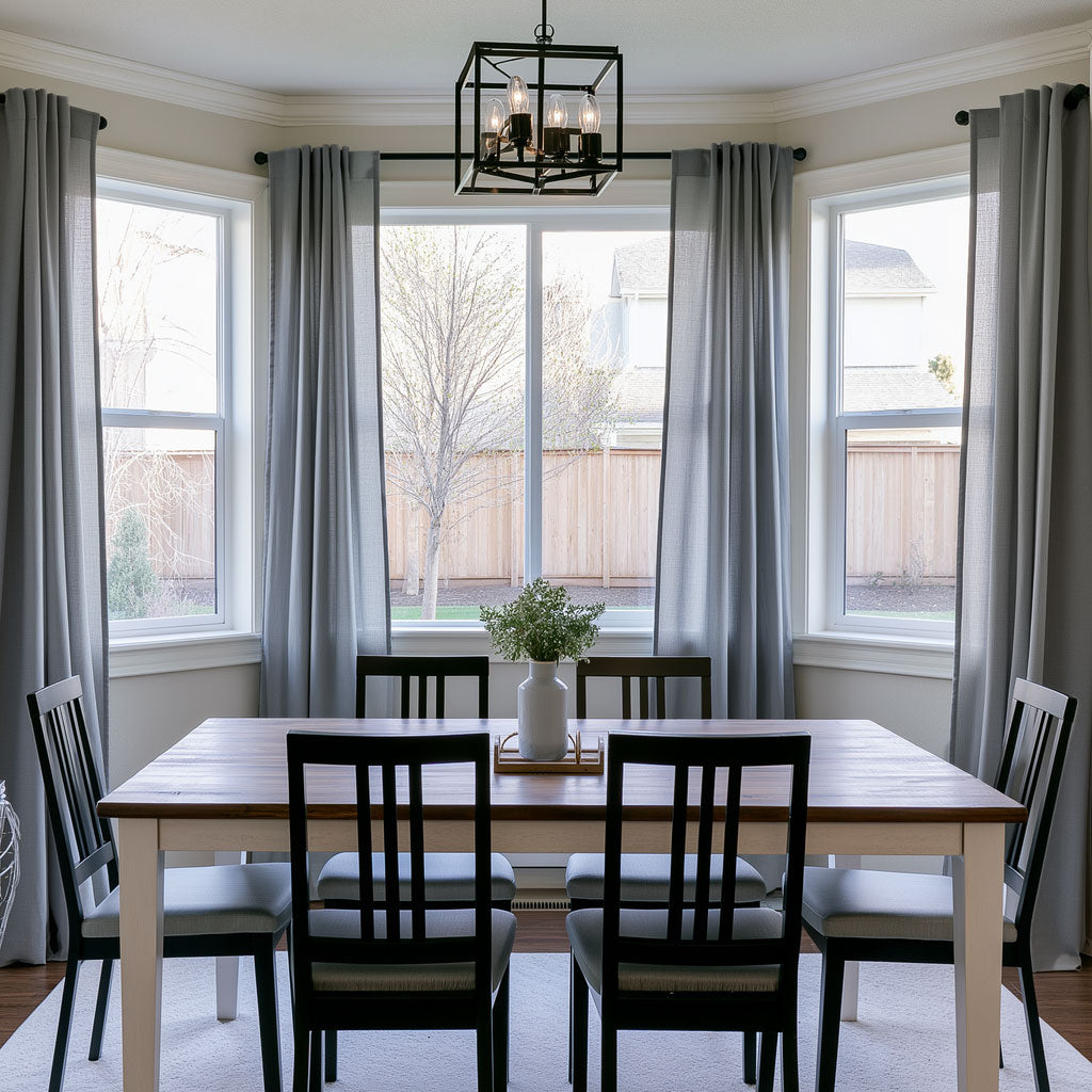 Floor-length gray curtains frame three dining room windows behind a wooden table with six black chairs, a white vase of greenery, and a black lantern-style chandelier