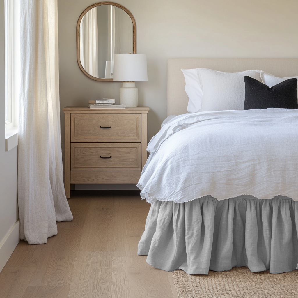 Stone Grey Linen Bed Skirt with Gathered Ruffles