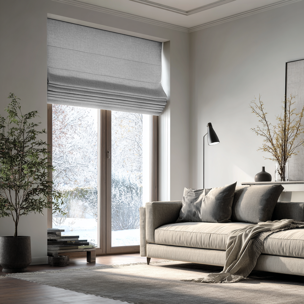 Stone Grey Linen Roman Shades - Blackout Lining