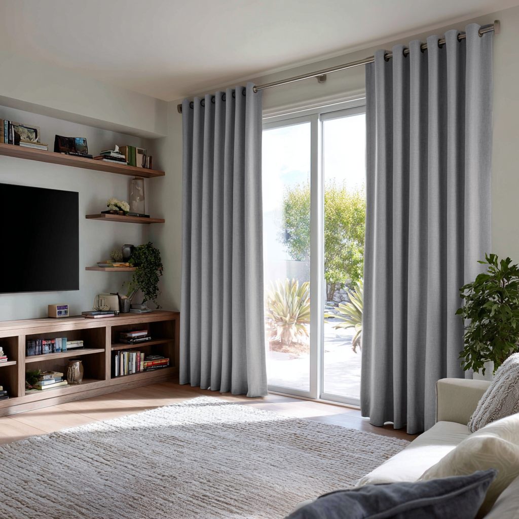 Stone Grey Linen Grommet Curtains for Sliding Doors in a Living Room with Cream Walls - Blackout Lining
@Heading: Grommets