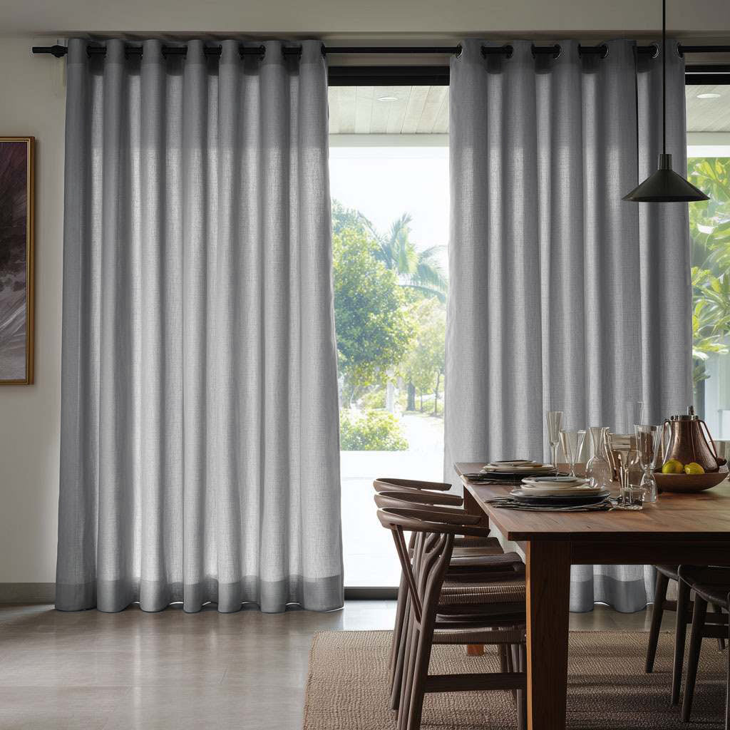 Floor-length gray eyelet curtains frame a large window beside a wooden dining table set with plates and glassware, with wooden chairs and a black pendant light