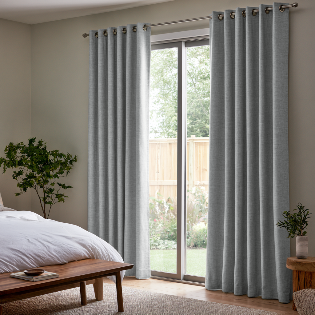 Stone Grey Linen Grommet Extra Long Curtains in a Modern Bedroom with a Garden View and Natural Wood Furniture