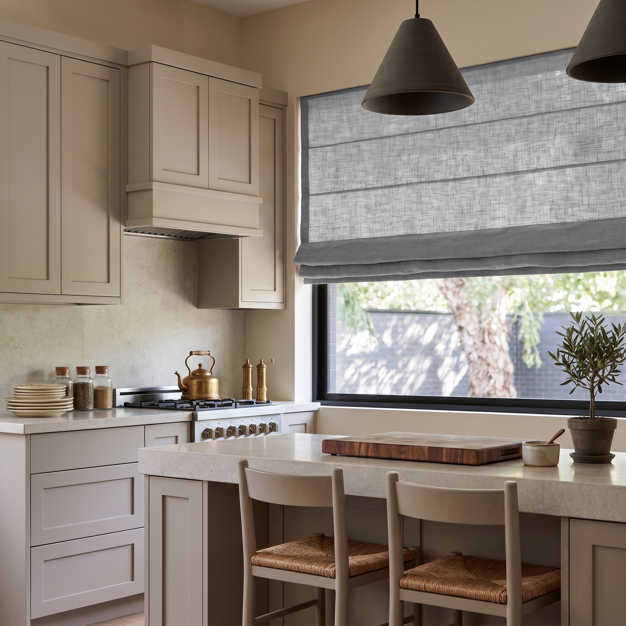 Stone Grey Linen Roman Shades in a Classic Kitchen with Beige Cabinetry - Cotton Lining