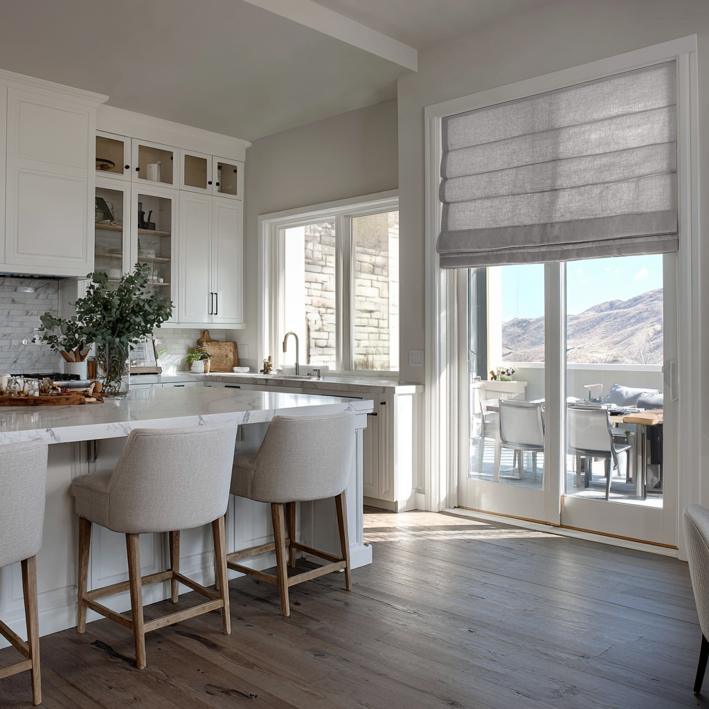 Stone Grey Linen Patio Door Roman Shades