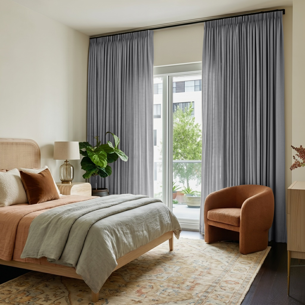 Stone Grey Linen Pencil Pleat Curtains in an Off-White Bedroom with Natural Textures