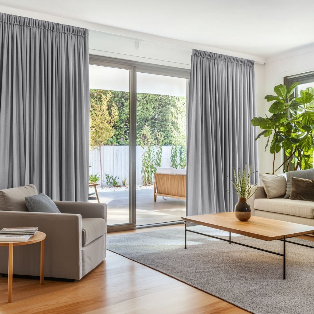 Stone Grey Linen Pencil Pleat Curtains for Sliding Doors in a Living Room with Bright White Walls - Blackout Lining
@Heading: Pencil Pleat