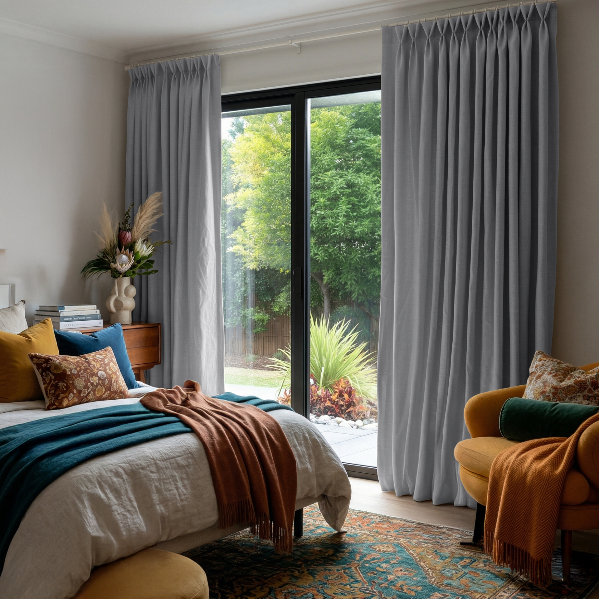 Stone Grey Linen Pinch Pleat Curtains for Sliding Doors in a Bedroom with Warm White Walls - Blackout Lining
@Heading: Pinch Pleat