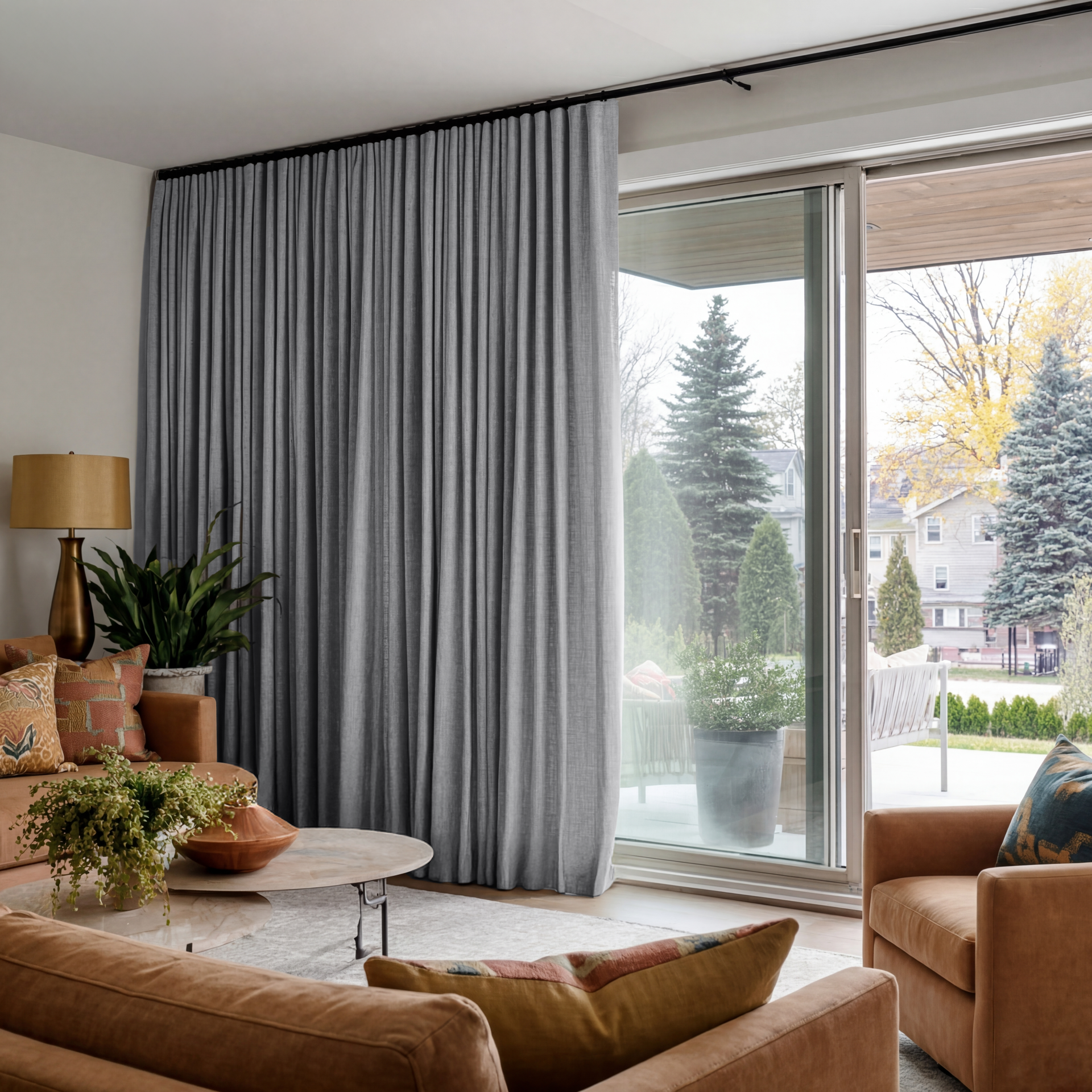 Stone Grey Linen S-Fold Curtains for Sliding Doors in a Living Room with Off-White Walls - Cotton Lining
@Heading: S-Fold