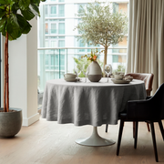 Stone Grey Linen Round Tablecloth in a Bright Balcony Dining Space with Cream Curtains and Soft Neutral Accents