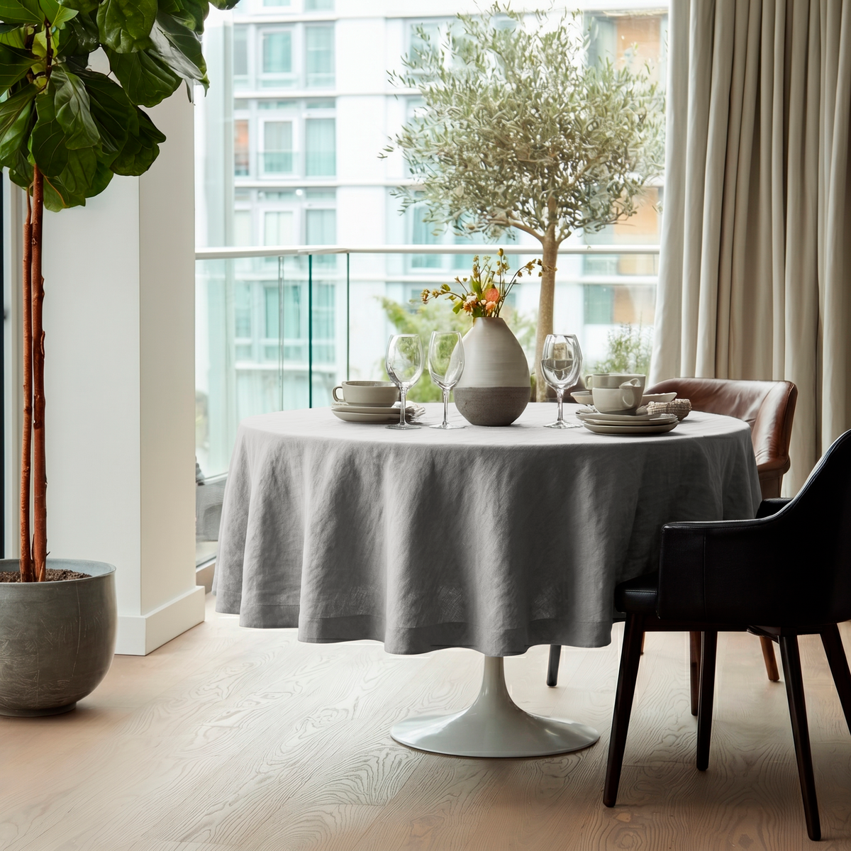 Stone Grey Linen Round Tablecloth in a Bright Balcony Dining Space with Cream Curtains and Soft Neutral Accents