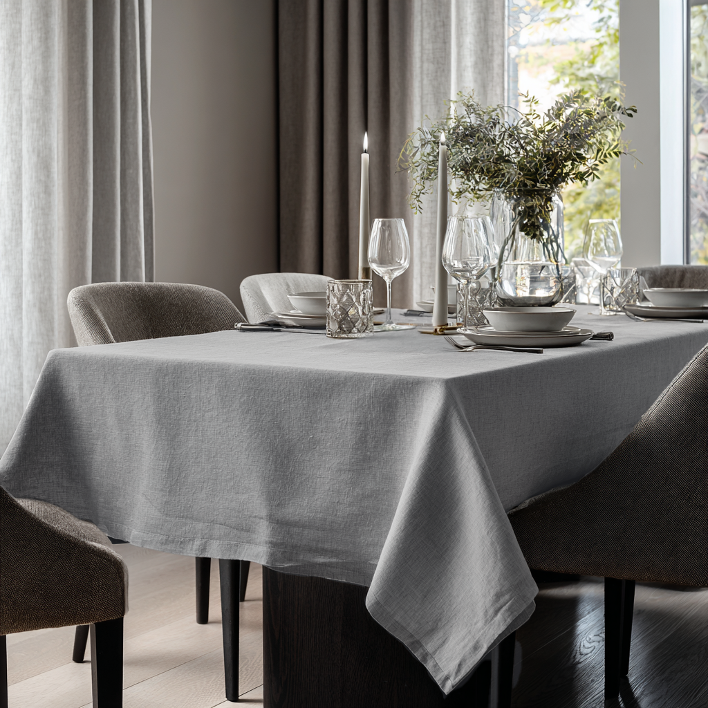 Stone Grey Rectangular Linen Tablecloth in a Contemporary Dining Room with Floor-to-Ceiling Curtains