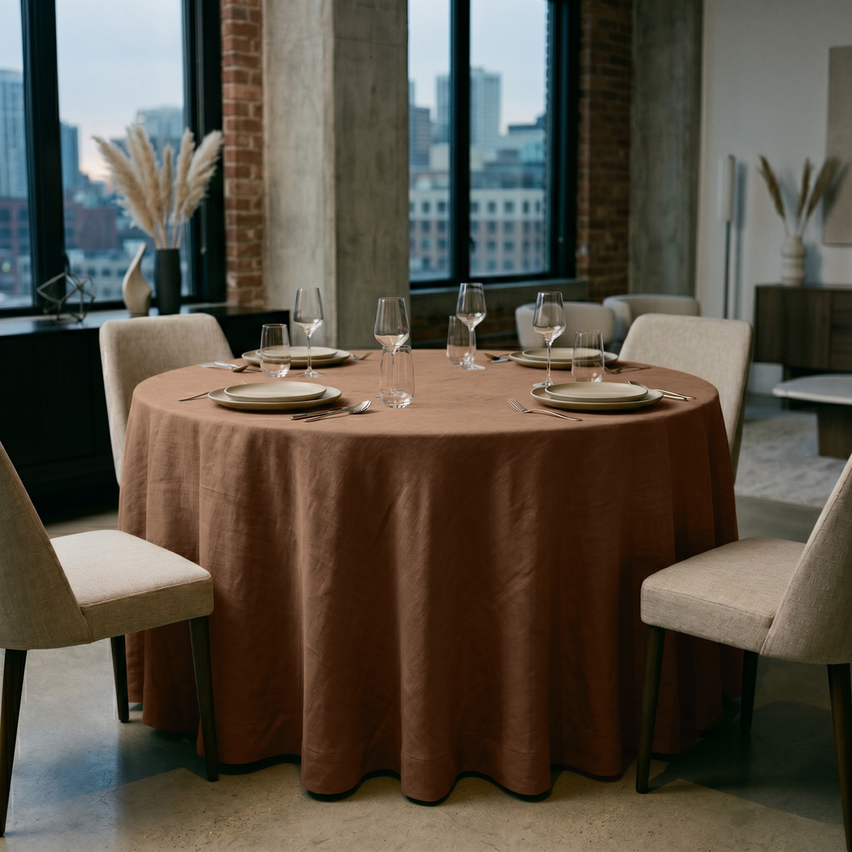 Tawny Brown Linen 120 Inch Round Tablecloth in a City Loft Dining Room with Exposed Brick Walls and Cream Upholstery