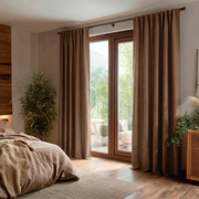 Tawny Brown Linen Back Tab Curtains for Sliding Doors in a Bedroom with Beige Walls - Blackout Lining
@Heading: Back Tabs