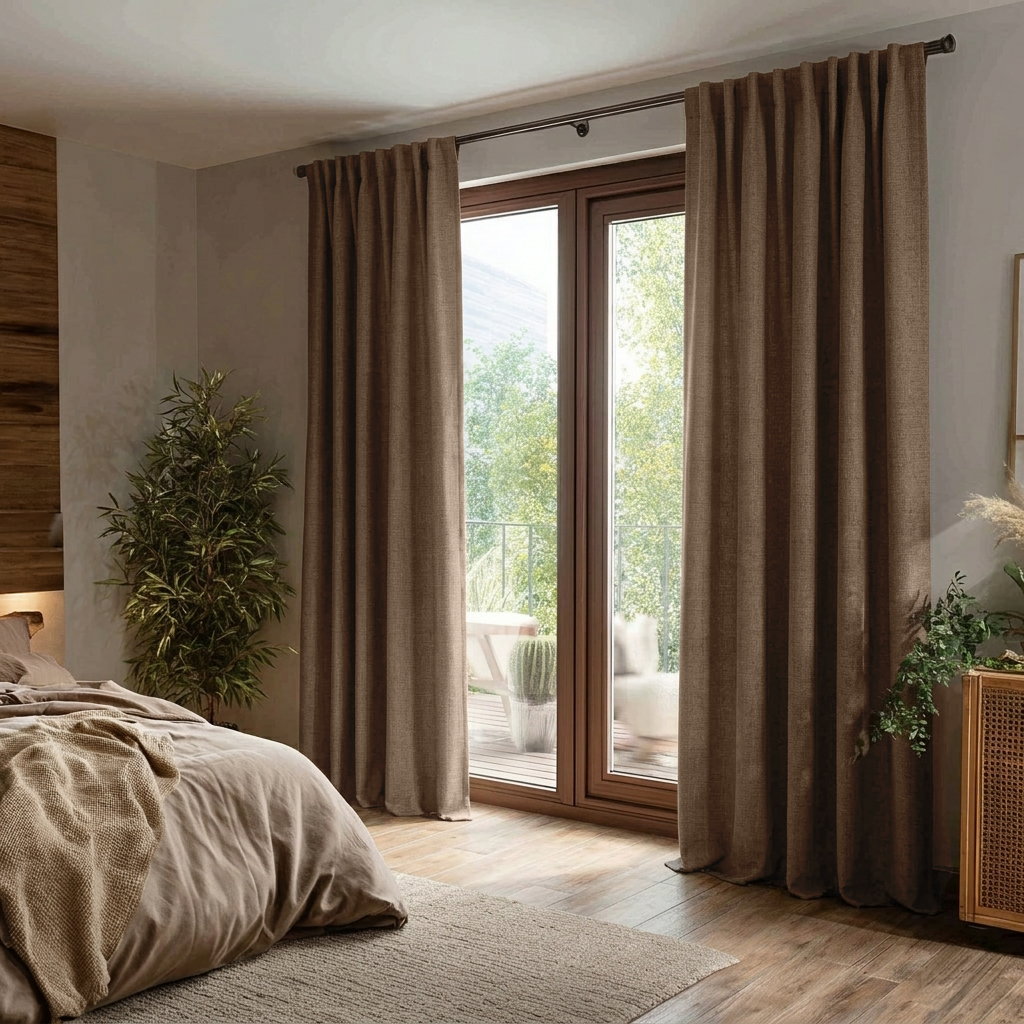 Tawny Brown Linen Back Tab Curtains for Sliding Doors in a Bedroom with Beige Walls - Blackout Lining
@Heading: Back Tabs