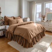 Tawny Brown Linen Bed Skirt with Gathered Ruffles