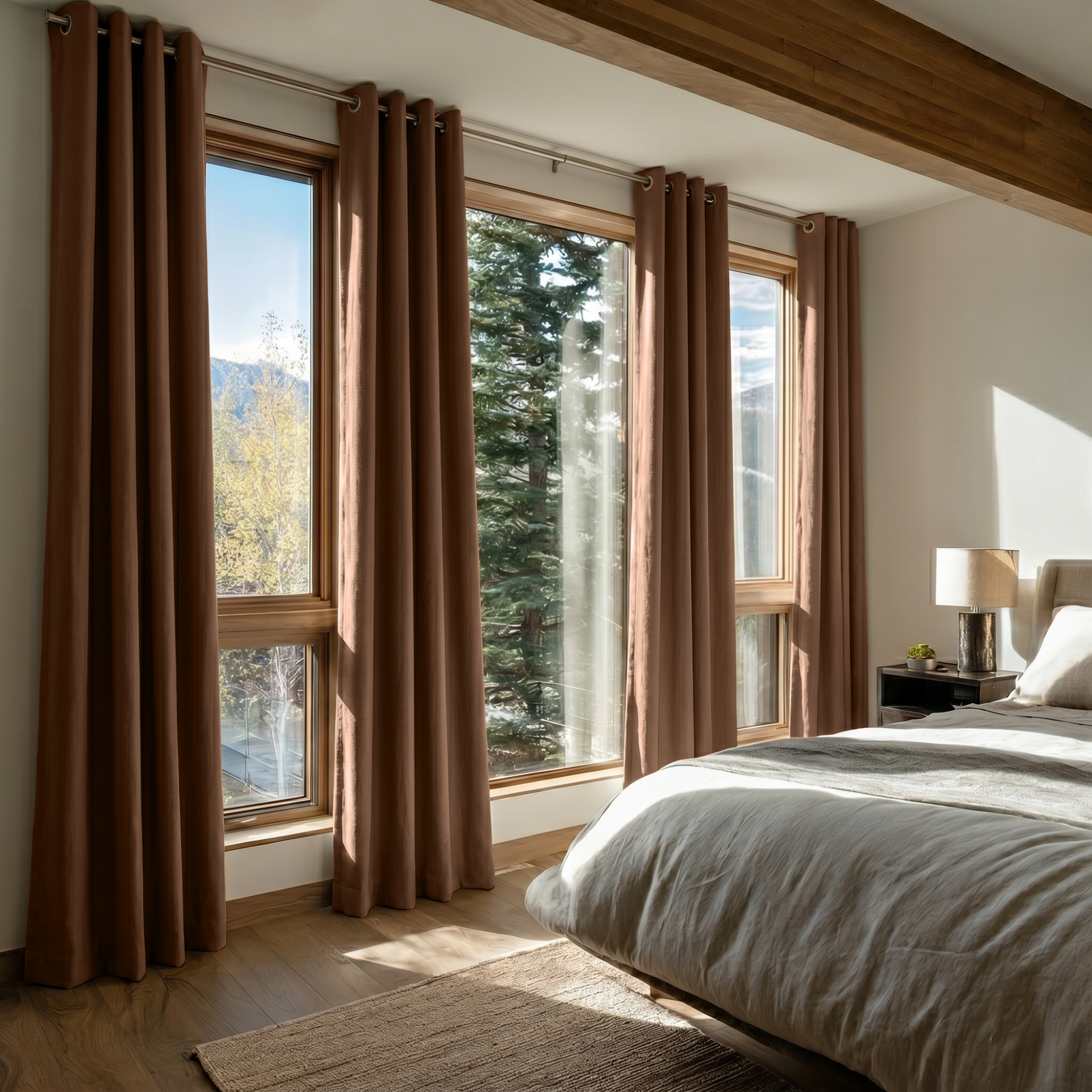 Tawny Brown Linen Grommet Curtains in a Cozy Mountain Bedroom with Exposed Wood Beams - Blackout Lining
