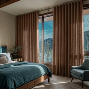 Tawny Brown Linen Grommet Curtains in a Modern Rustic Bedroom with Rich Wood Accents - Cotton Lining