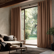 Tawny Brown Linen Grommet Curtains for Sliding Doors in a Living Room with Light Grey Walls
@Heading: Grommets