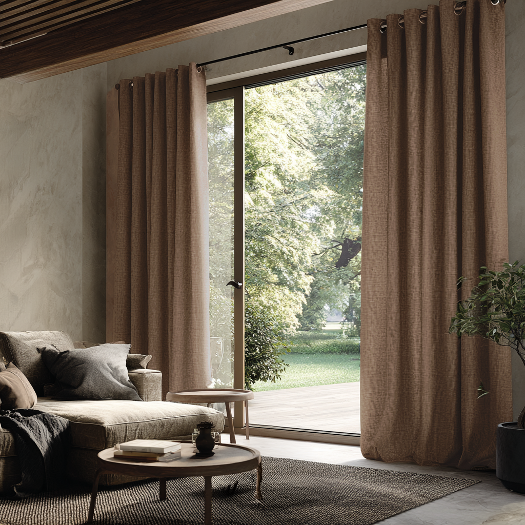 Tawny Brown Linen Grommet Curtains for Sliding Doors in a Living Room with Light Grey Walls
@Heading: Grommets