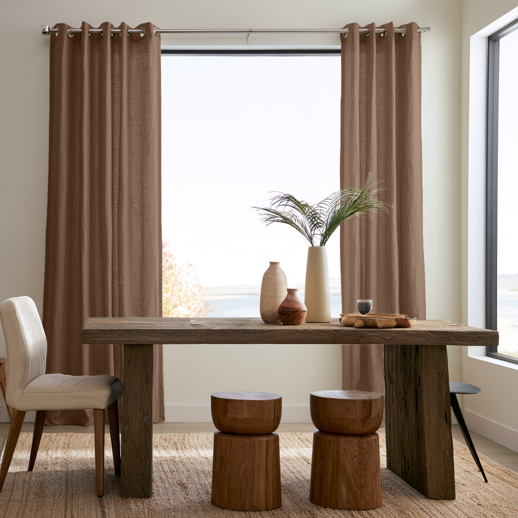 Tawny Brown Linen Grommet Curtains in a Modern Rustic Dining Room with Reclaimed Wood Table and Sculptural Decor