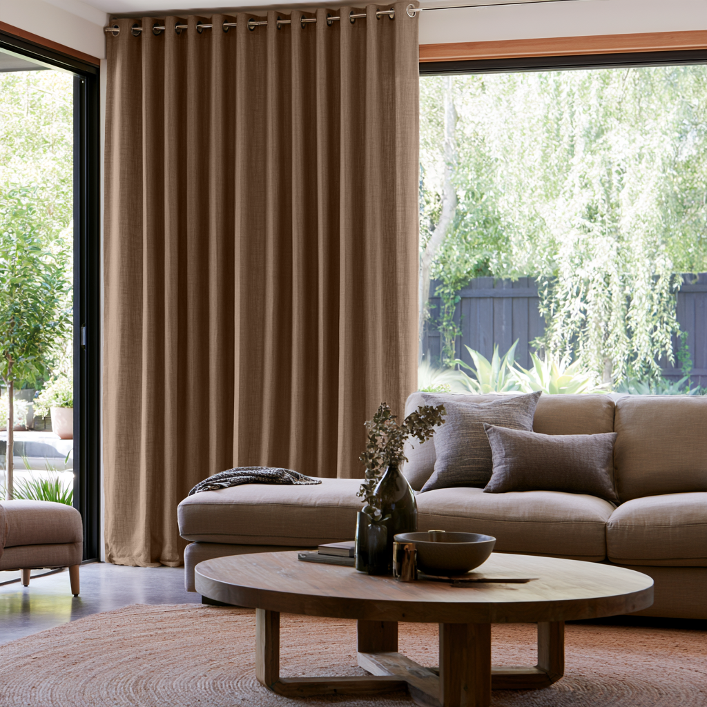 Tawny Brown Linen Grommet Extra Long Curtains in a Modern Living Room with Beige Sectional Sofa and Round Wooden Coffee Table
