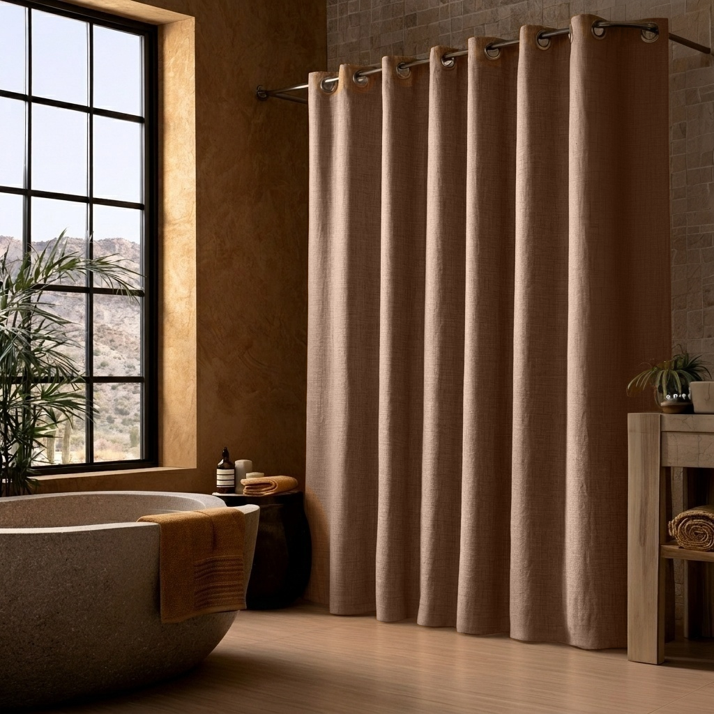 Tawny Brown Linen Hookless Shower Curtain in a Warm Bathroom