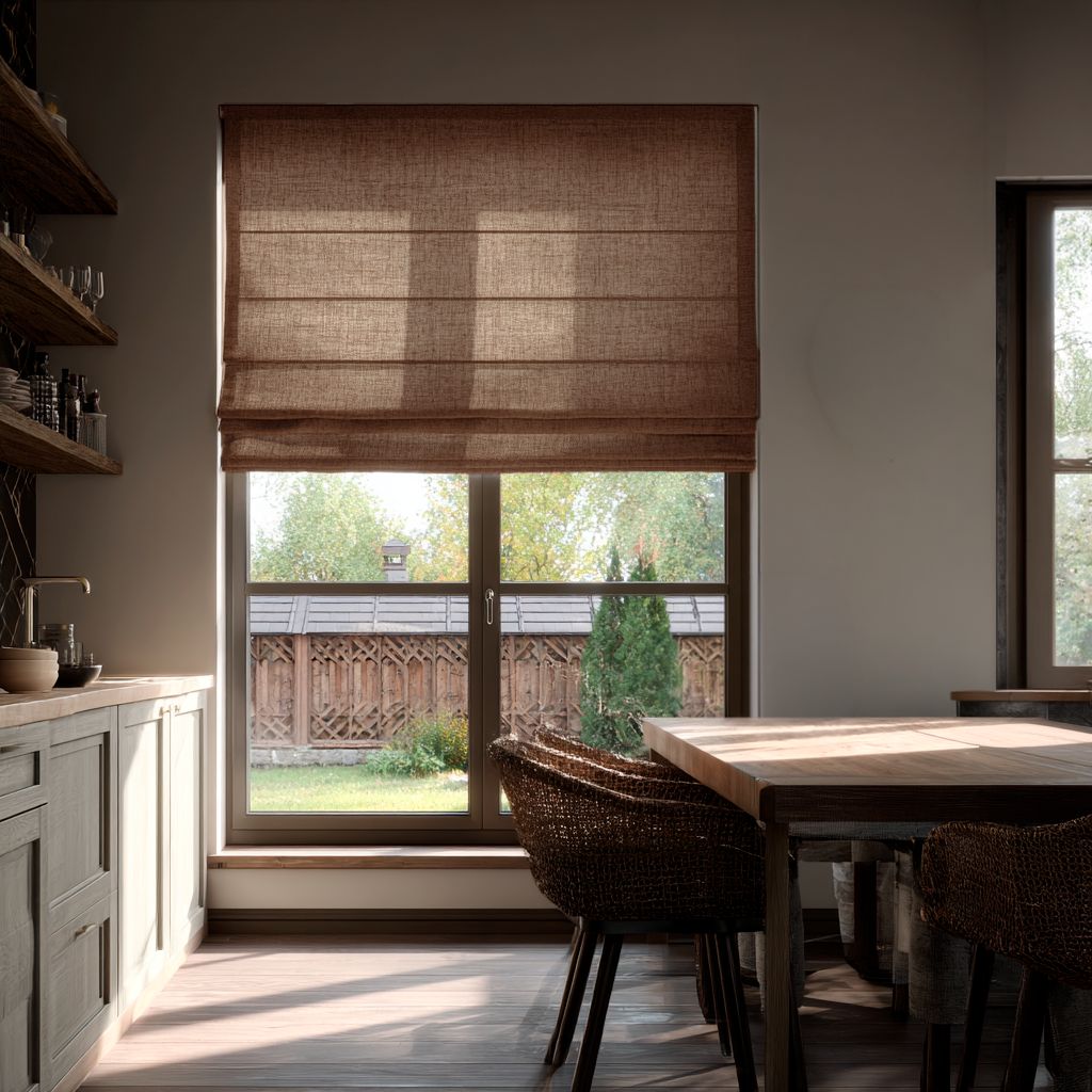 Tawny Brown Linen Roman Shades in a Cozy Dining Kitchen with Neutral Walls - Cotton Lining