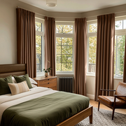 Tawny Brown Linen Pencil Pleat Bedroom Curtains in a Bright Classic Bedroom with Olive Green and Warm Wood Accents - Blackout Lining