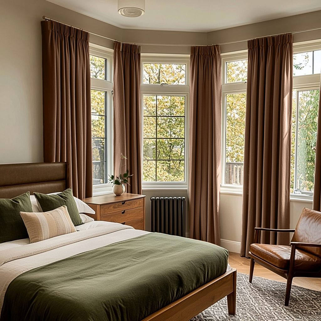 Tawny Brown Linen Pencil Pleat Bedroom Curtains in a Bright Classic Bedroom with Olive Green and Warm Wood Accents - Blackout Lining