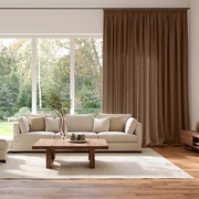 Tawny Brown Linen Pencil Pleat Extra Long Curtains in a Contemporary Living Room with White Sofa and Garden View