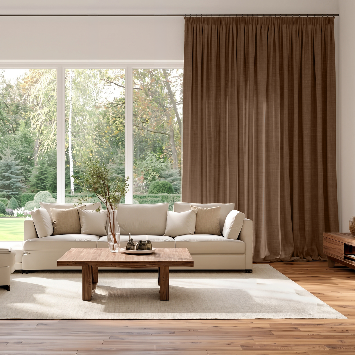 Tawny Brown Linen Pencil Pleat Extra Long Curtains in a Contemporary Living Room with White Sofa and Garden View