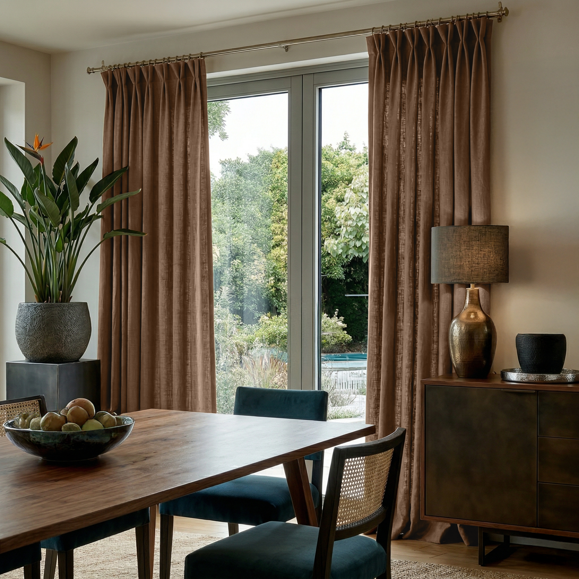 Tawny Brown Linen Pinch Pleat Curtains for Sliding Doors in a Dining Room with Cream Walls
@Heading: Pinch Pleat