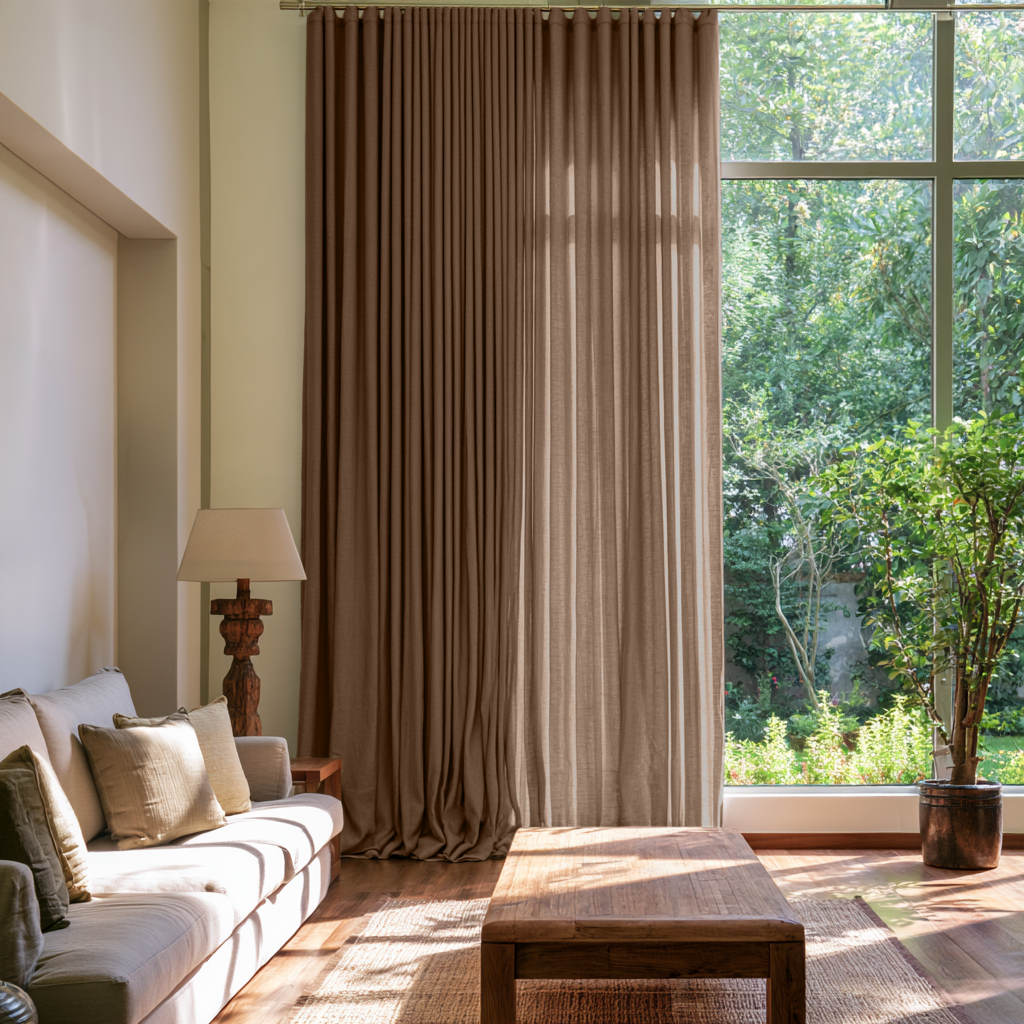 Tawny Brown Linen S-Fold Extra Long Curtains in a Modern Living Room with Floor-to-Ceiling Windows and Wooden Coffee Table