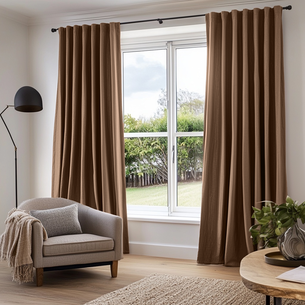 Tawny Brown Linen Thermal Curtains with Multitape