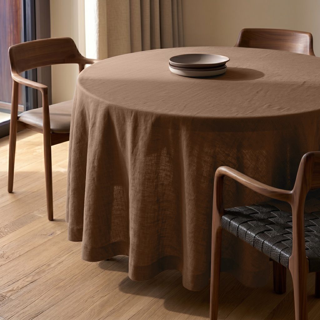 Tawny Brown Linen Round Tablecloth in a Minimal Dining Room with Warm Neutral Walls and Walnut Wood