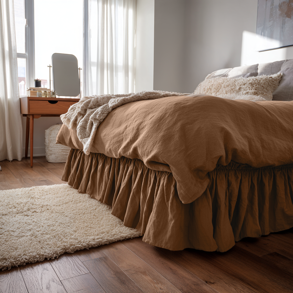 Tawny Brown Linen Bed Skirt with Gathered Ruffles