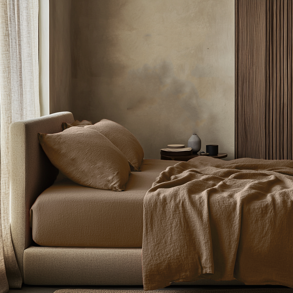 Tawny Warm Brown Washed Linen Deep Pocket Fitted Sheet Set