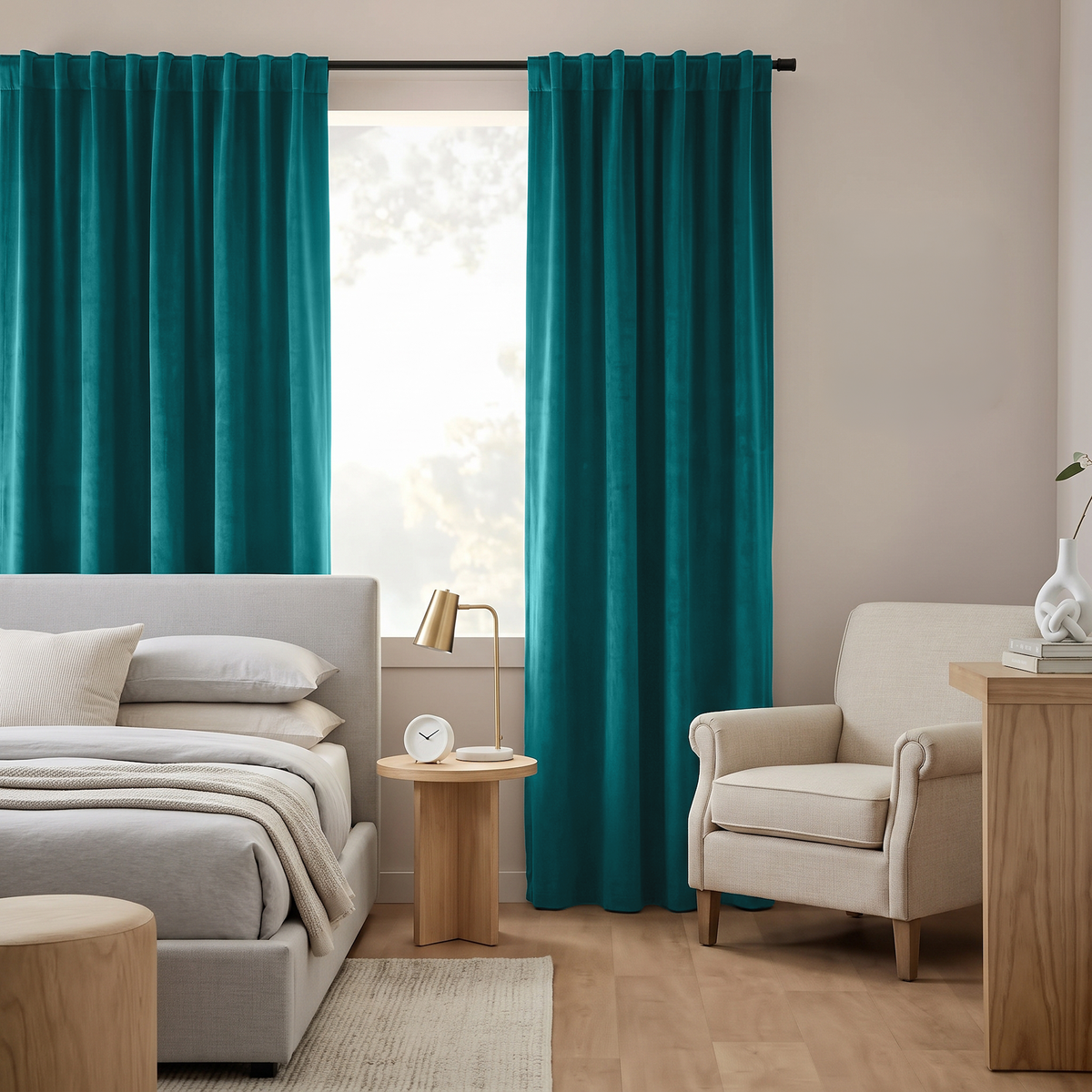 Teal Back Tab Extra Long Curtains in a Contemporary Bedroom with Upholstered Bed, Reading Chair and Wooden Floor